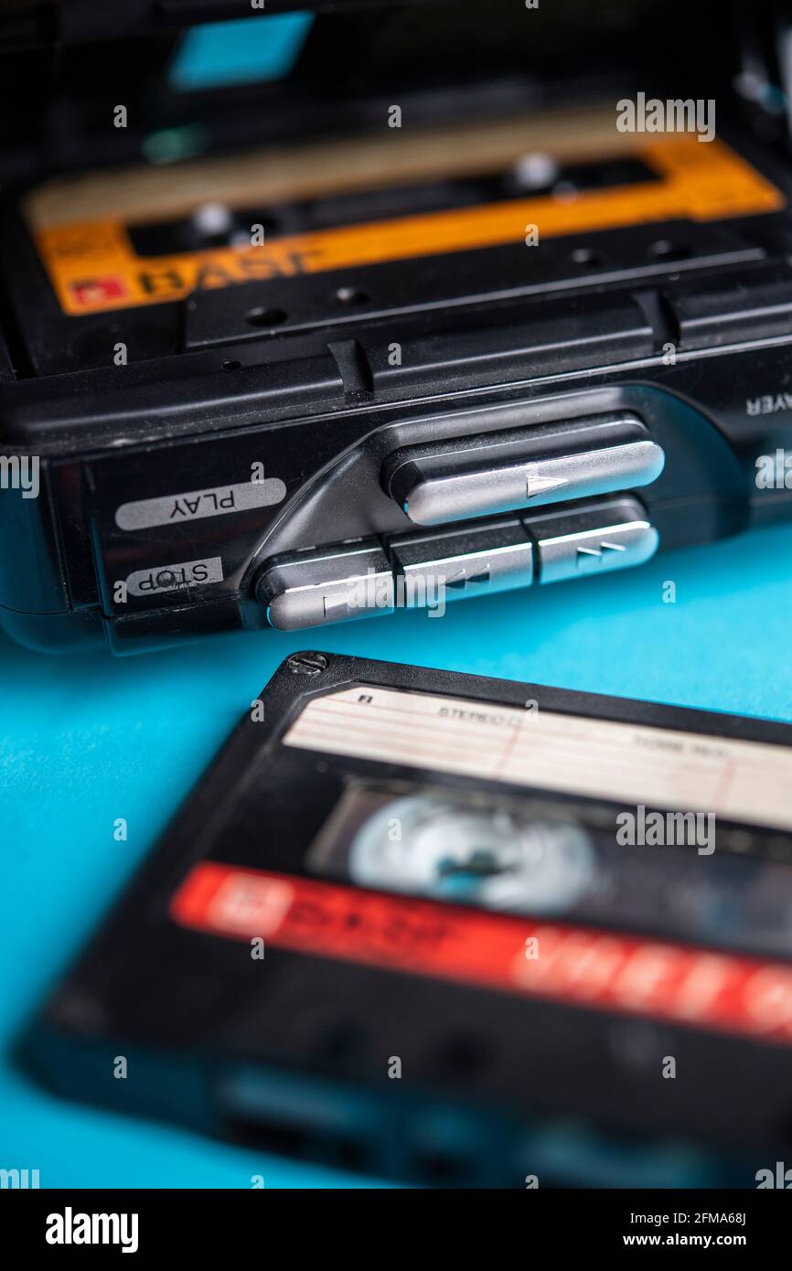 Still life of audio cassettes and a 1980s Walkman Stock Photo - Alamy