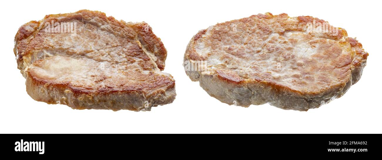 Pork tenderloin (sirloin) meat fillets (pieces) cooked (grilled), juicy and fresh. Isolated on white background. Stock Photo