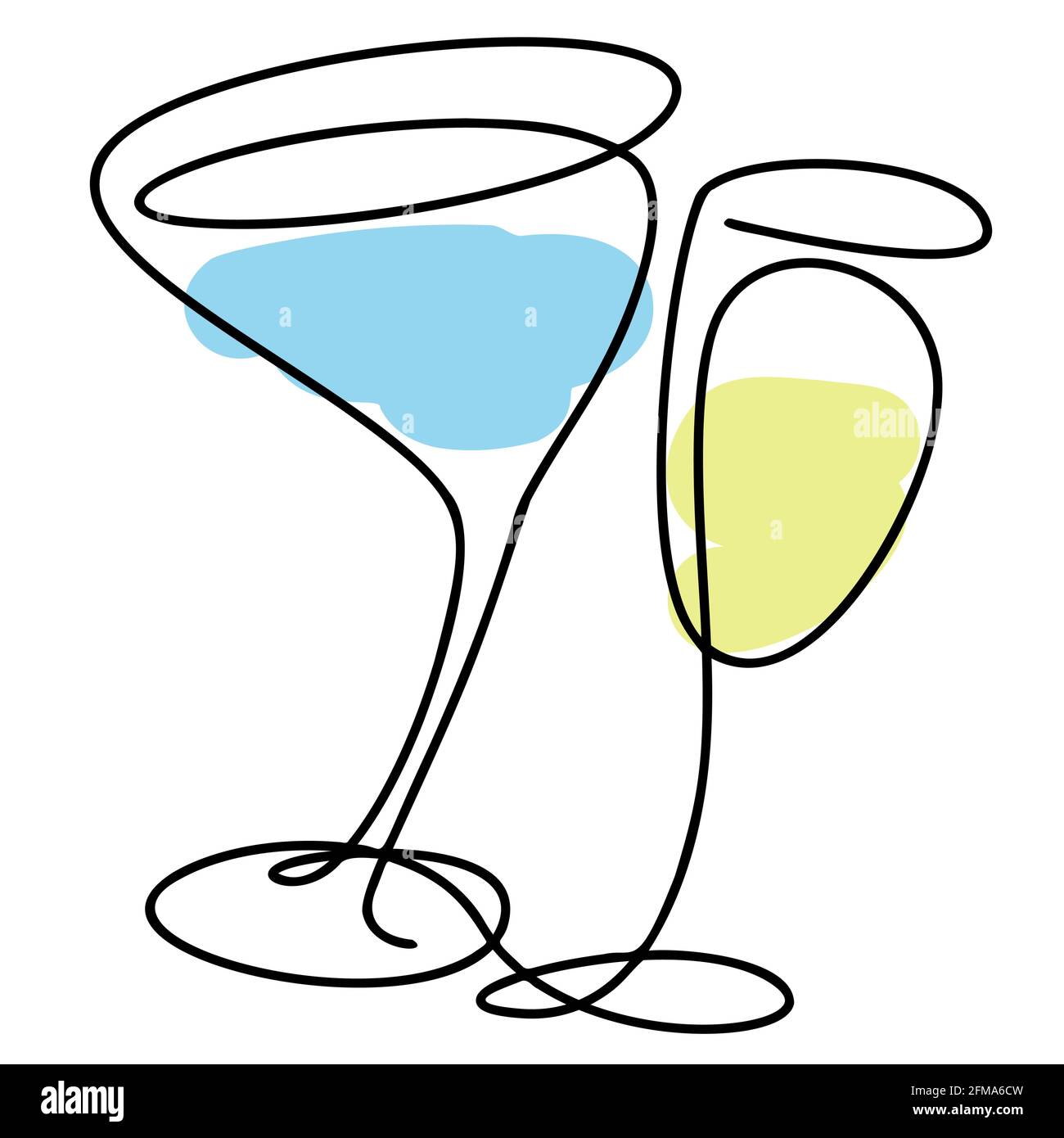 Vector set of hand drawn wine and martini glasses on white background. doodle. black oneline. Stock Vector