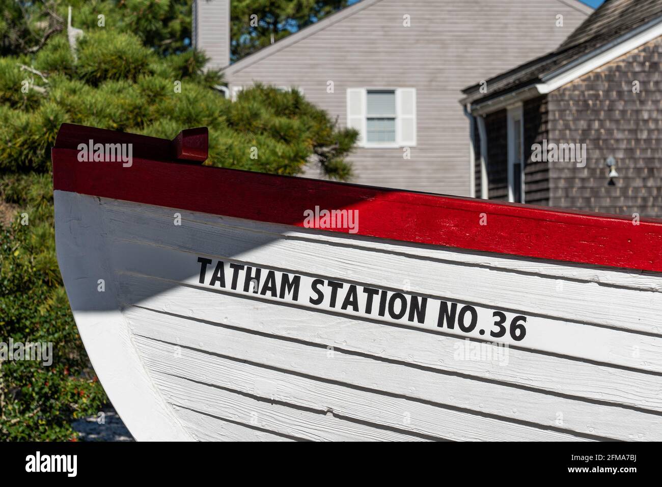 Stone Harbor, NJ - Oct. 31, 2020:  Typical surf boat used by lifesaving personnel at Tatham Life Saving Station Stock Photo