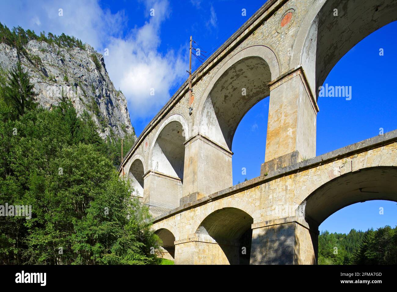 Kalte Rinne Viaduct of the Semmering Railway against blue sky Stock Photo