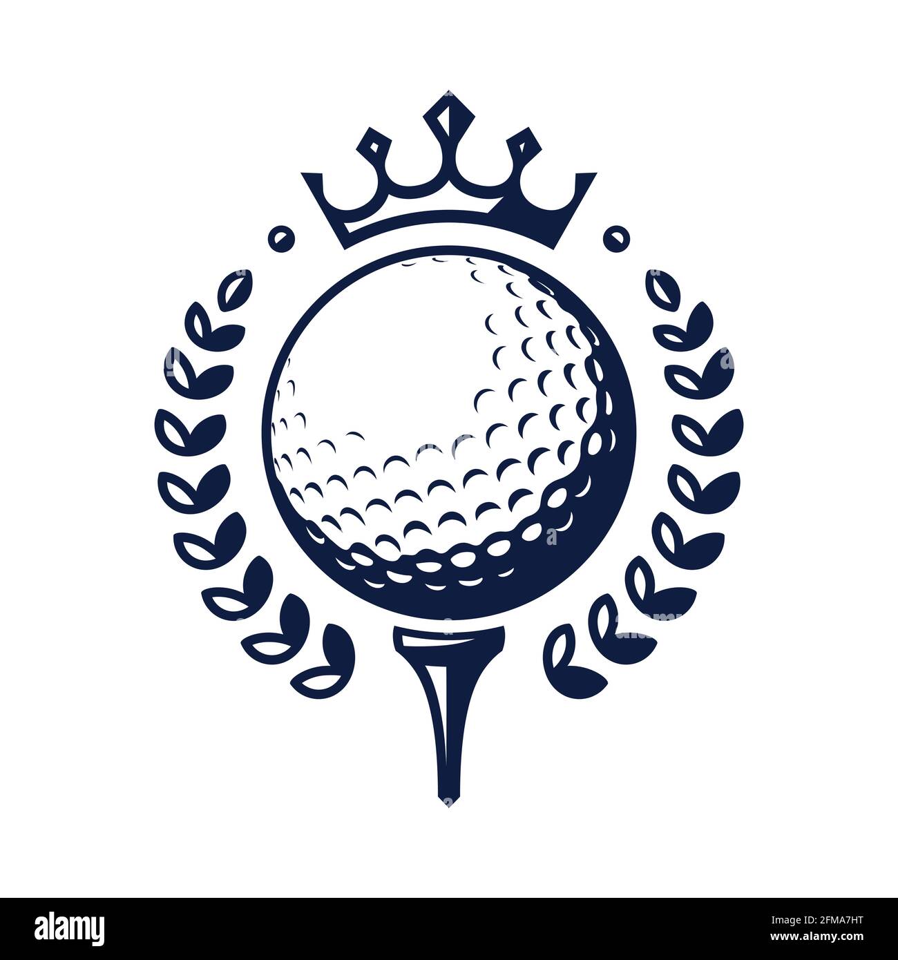 Golf ball vector logo. Golf ball on tee with wreath and crown. Vector illustration, isolated on a white background Stock Vector