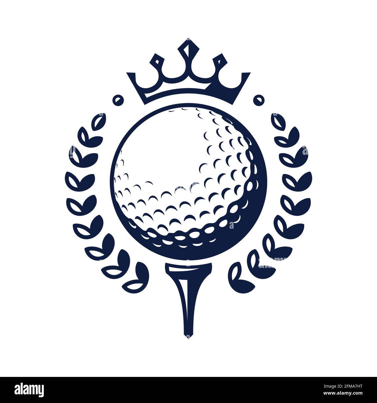 Golf ball vector logo. Golf ball on tee with wreath and crown. Vector