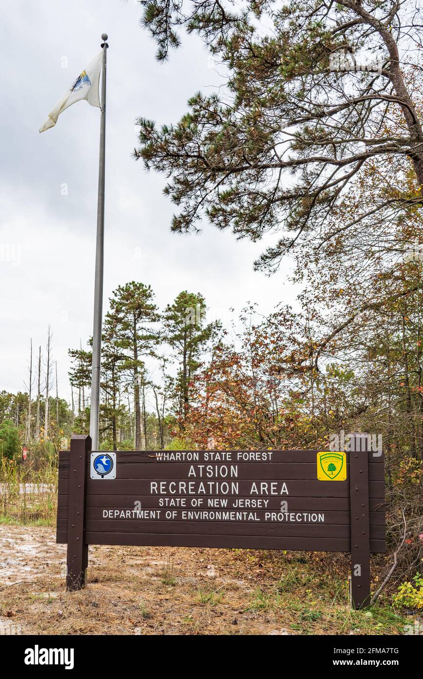 Shamong, NJ - Oct. 28, 2020: Atsion Recreation Area is part of the Wharton State Forest in the Pine Barrens area and includes a  100-acre lake. Stock Photo