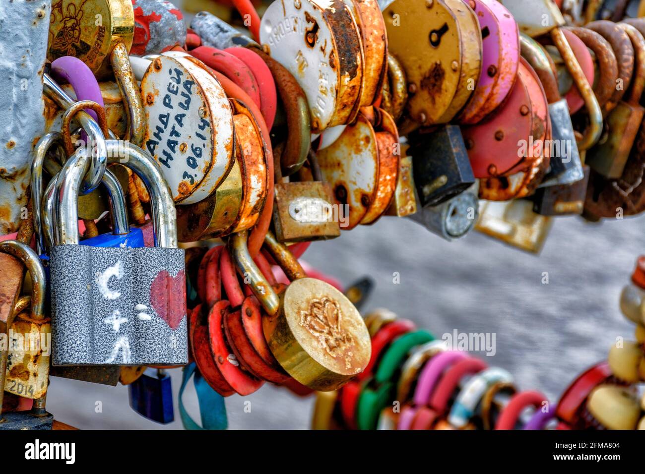 Locks hung on the railing of the bridge according to tradition on the ...
