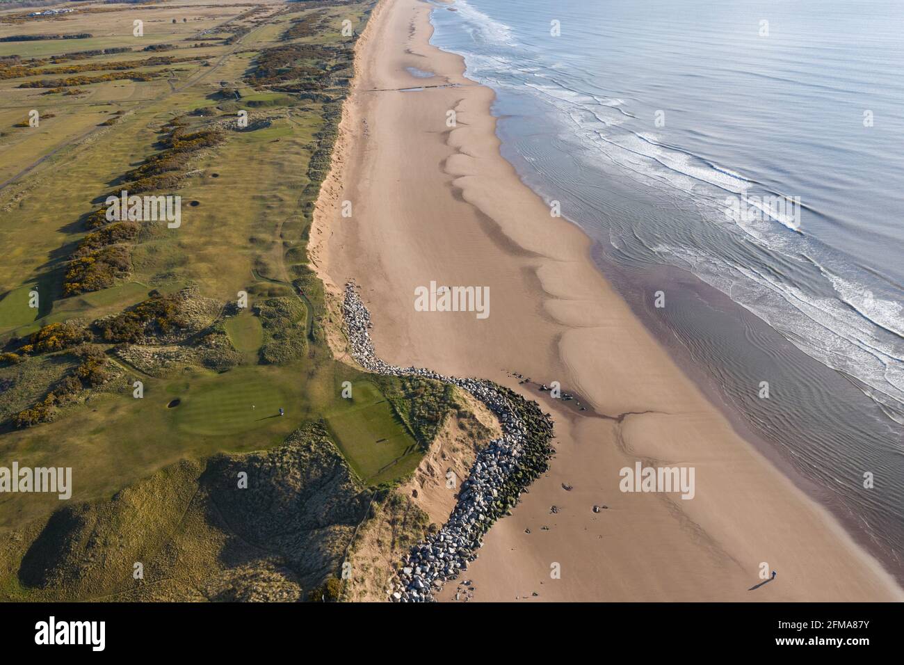Aerial view of coastal erosion affecting the 1562 golf course, Montrose, Angus, Scotland. Stock Photo