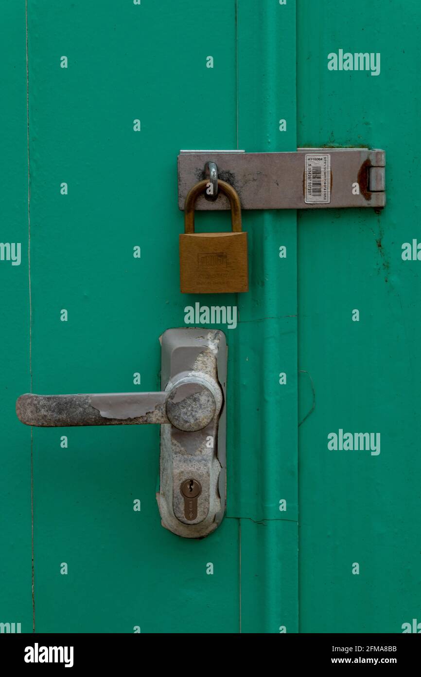 an old brass padlock and latch on a weather-beaten green painted door security lock. Stock Photo