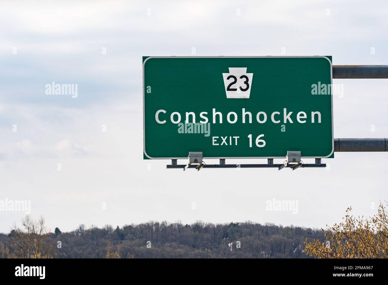 Interstate highway 476 exit 16 sign for route 23 and Conshohocken Pennsylvania Stock Photo