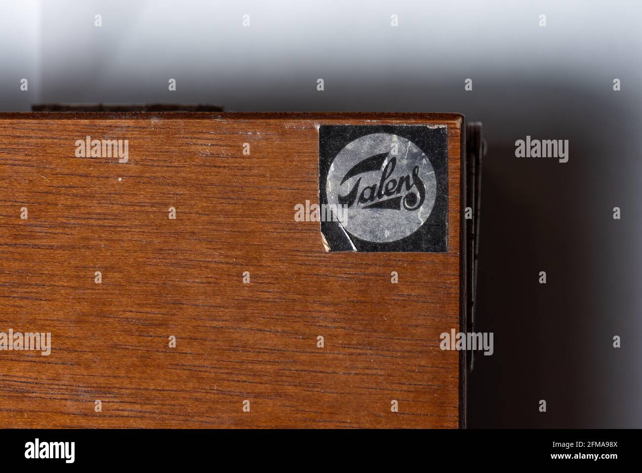 Gothenburg, Sweden - July 2019: Talens logo on a wooden box containing Van Gogh oil colours. Stock Photo