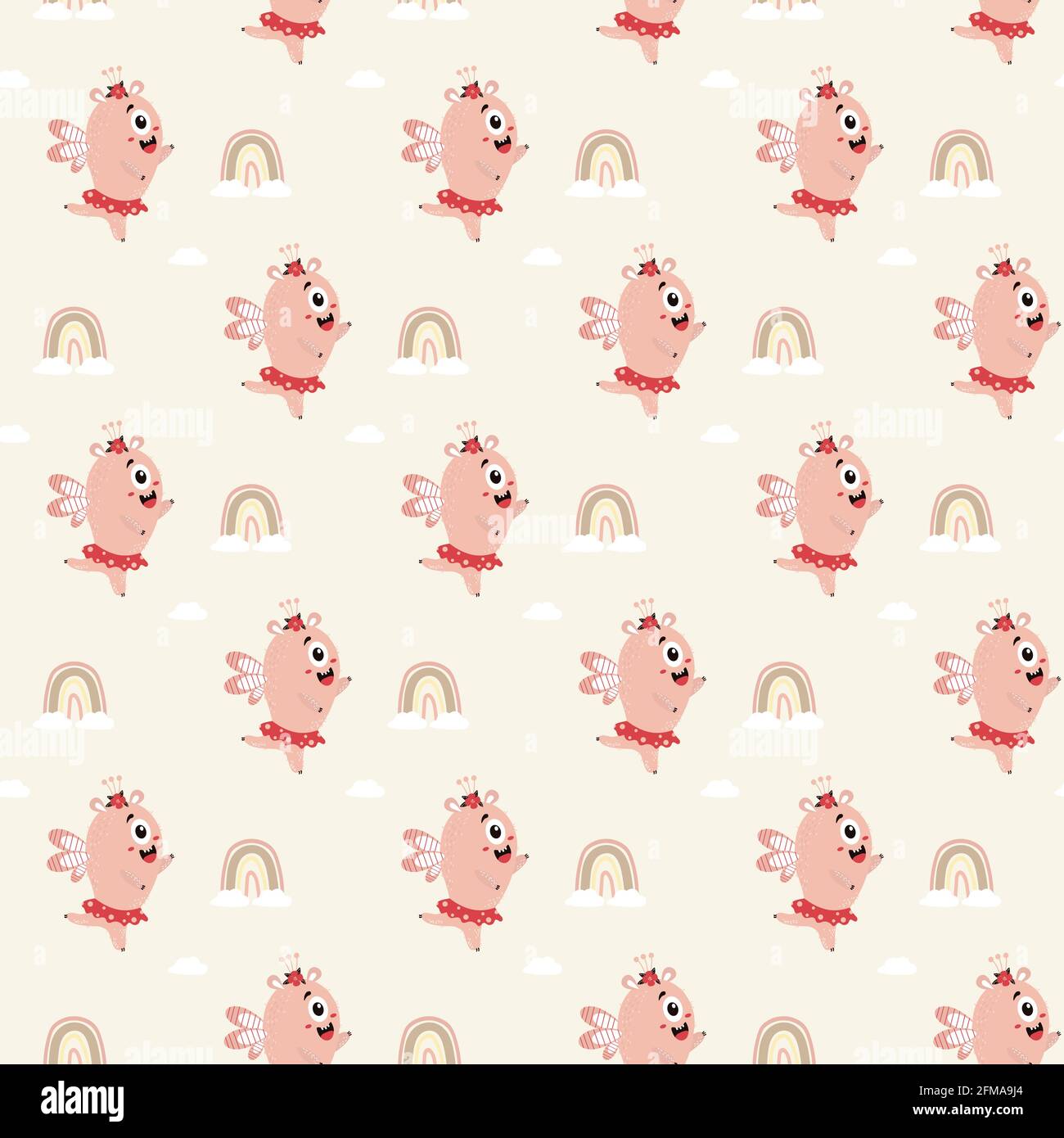 Seamless pattern with cute pink monster. Fantastic character - a monster  girl in a skirt on a light background with a rainbow and clouds. Vector.  Scan Stock Vector Image & Art - Alamy