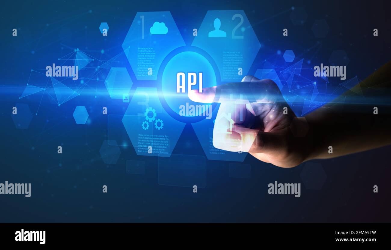 Hand touching digital button concept Stock Photo