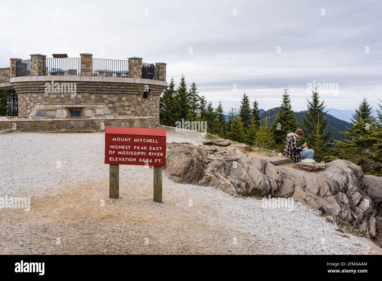 Burnsville, NC - April 23, 2021: The top of Mount Mitchell, the highest peak east of the Mississippi River is a beautiful place for a picnic. Stock Photo