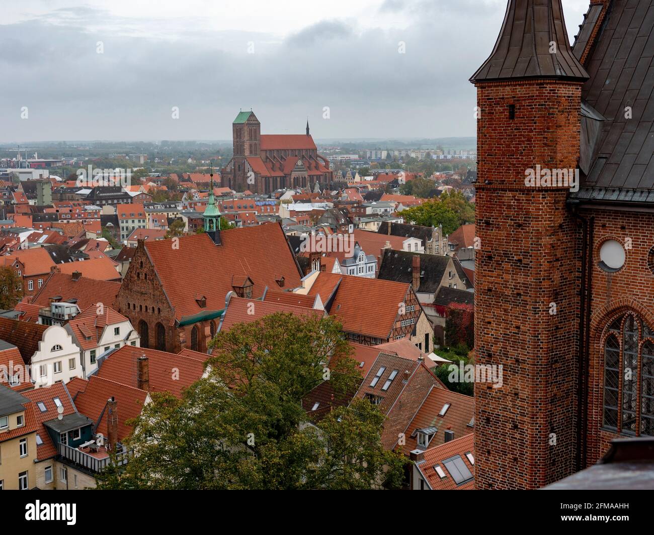 View over old town of Wismar with Church of the Holy Spirit and St. Nikolai Church, Wismar, UNESCO World Heritage, Mecklenburg-Western Pomerania, Germany Stock Photo