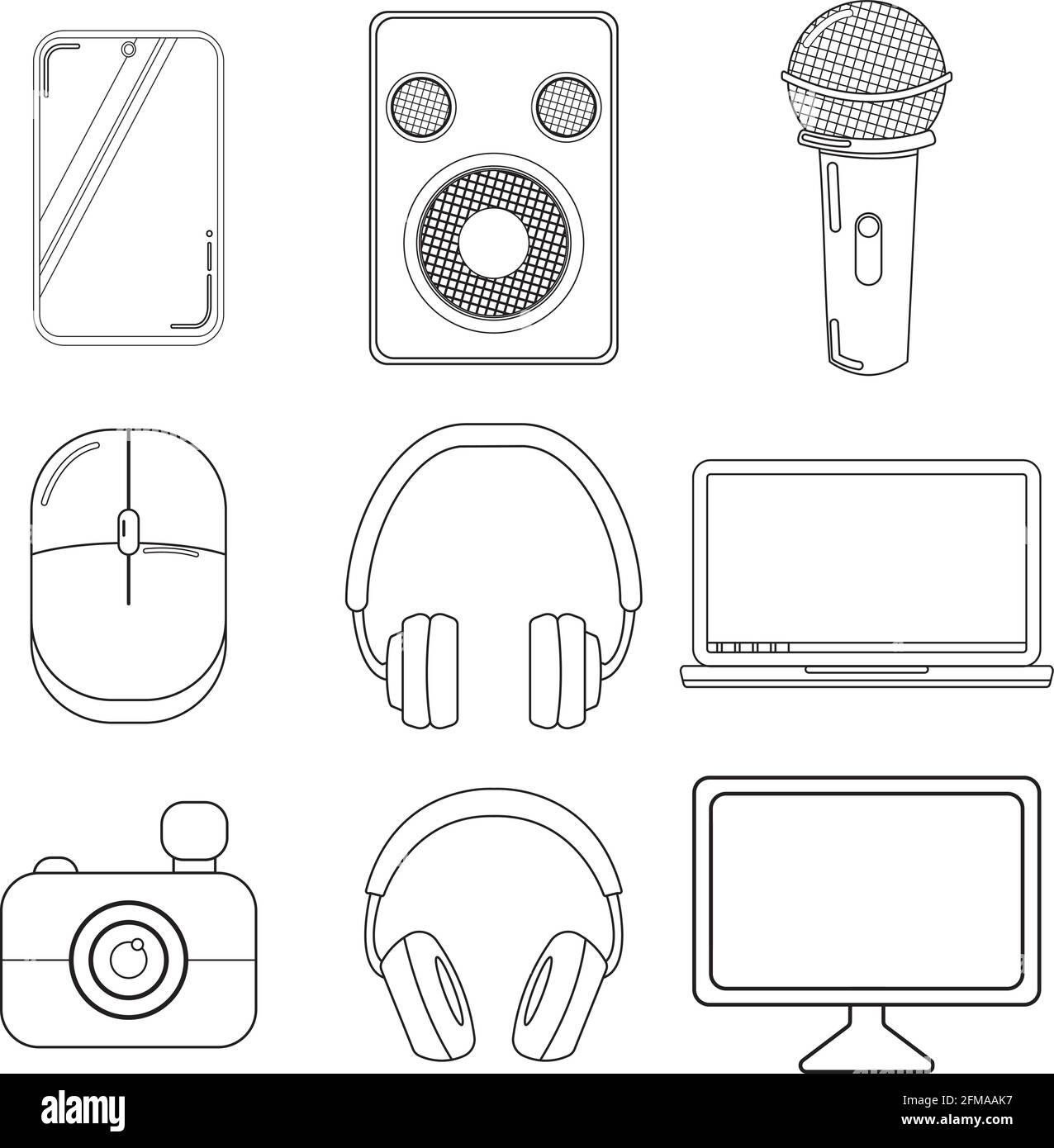 Set digital devices icons drawn with outlines only, including headphones, headset, monitor, laptop, camera, phone, speakers, microphone and a mouse. Stock Vector
