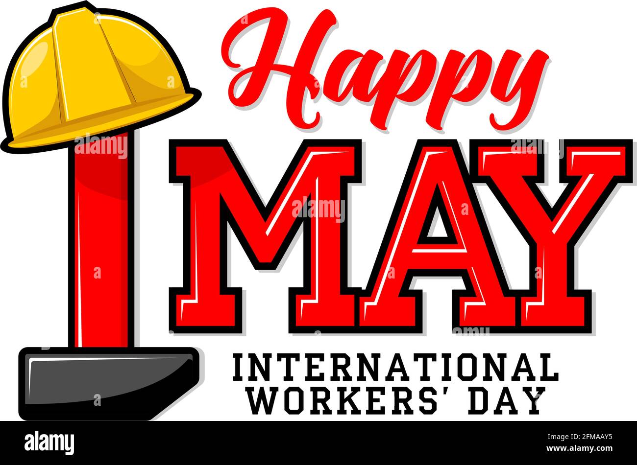 May Day greeting card for the International Workers Day. May 1 in the form of an inverted hammer with a working helmet on it. Illustration, vector Stock Vector
