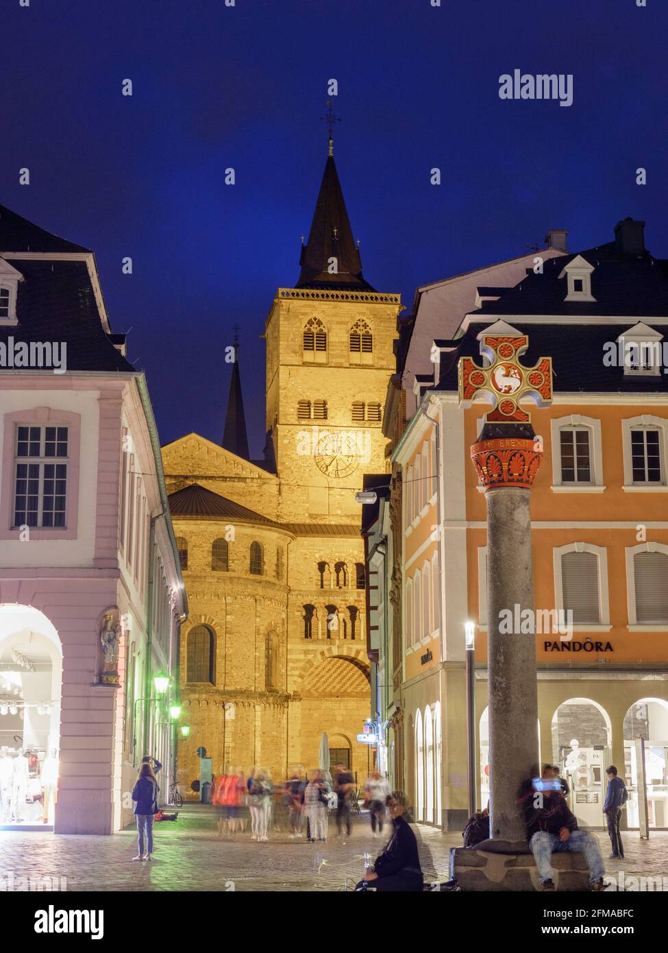 Cathedral from the main market at night, Trier, UNESCO World Heritage, Rhineland-Palatinate, Germany Stock Photo