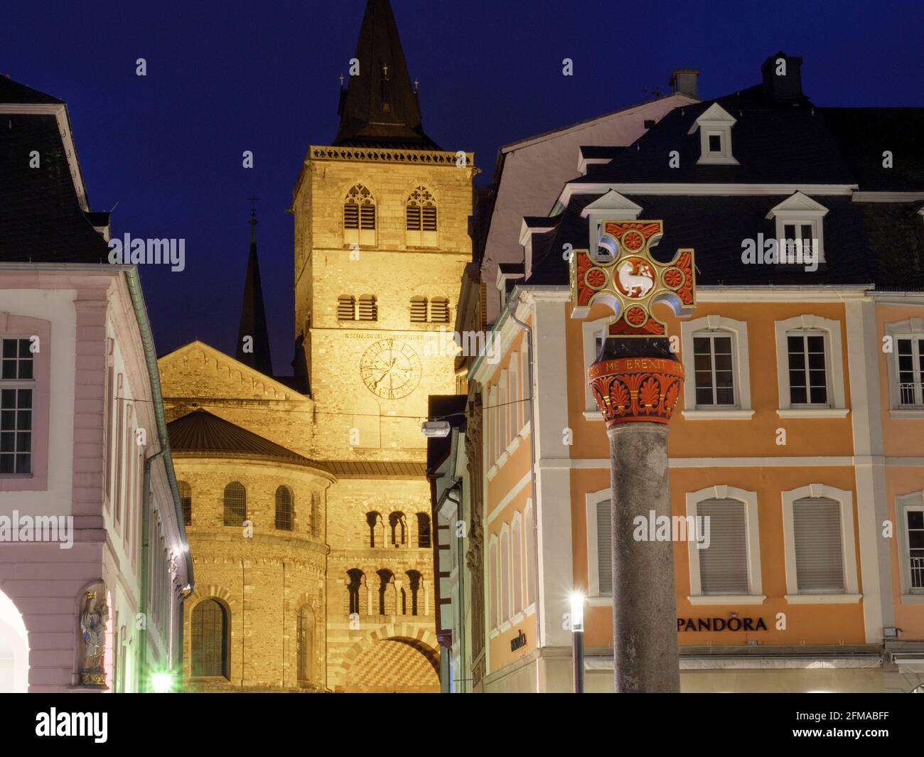 Cathedral from the main market at night, Trier, UNESCO World Heritage, Rhineland-Palatinate, Germany Stock Photo