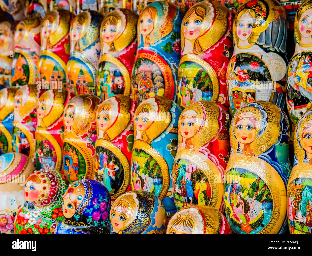 Colorful display of traditional matryoshka dolls, typical souvenir from Moscow, Russia Stock Photo