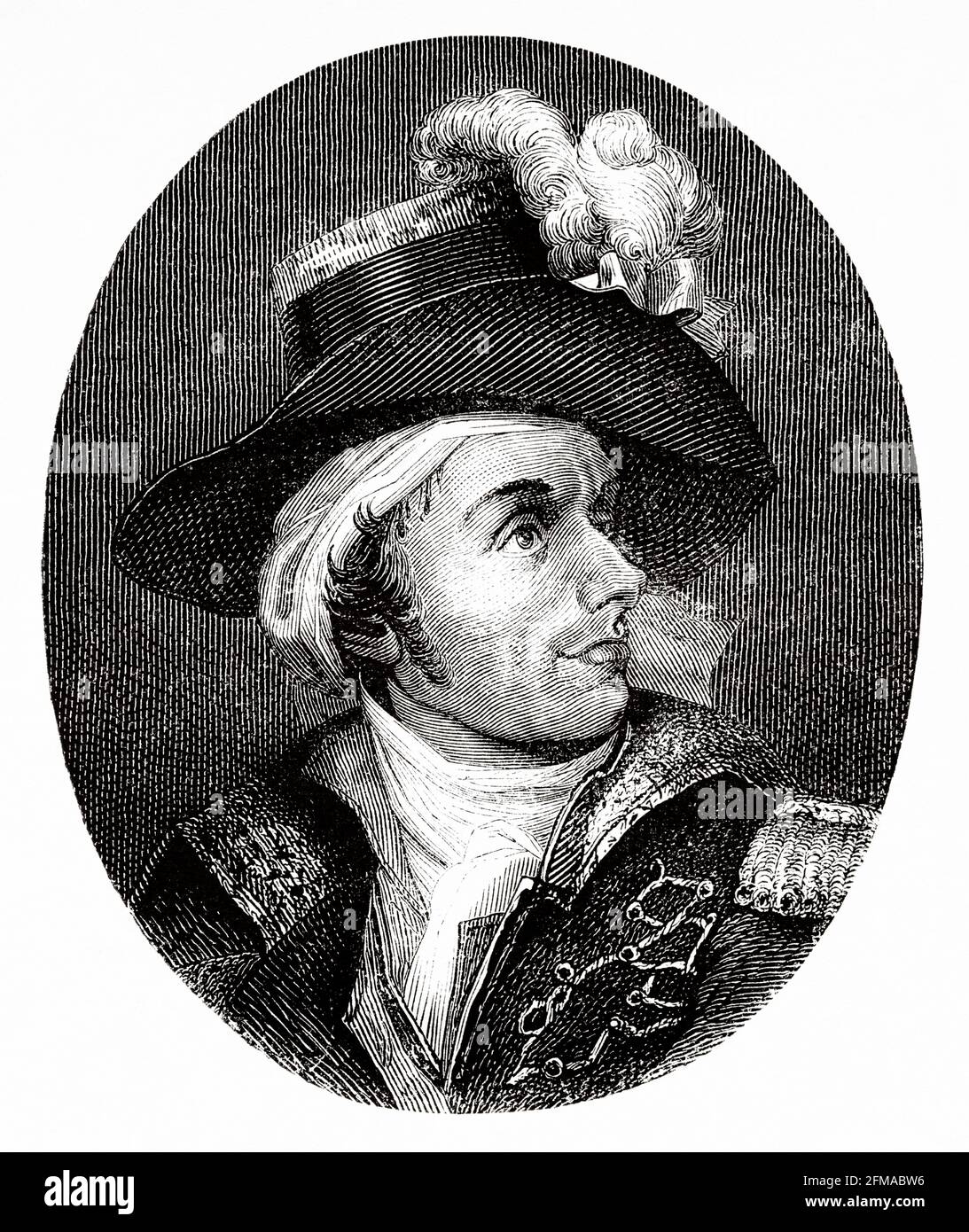 Portrait of François Athanase de Charette de la Contrie (1763-1796) French Royalist soldier and politician. He served in the French Royal Navy during the American Revolutionary War and was one of the leaders of the Revolt in the Vendée against the revolutionary regime. France. Old 19th century engraved illustration from Histoire de la Revolution Francaise 1876 by Jules Michelet (1798-1874) Stock Photo