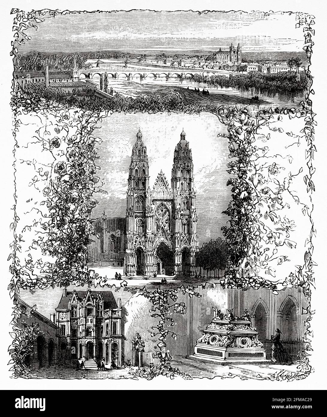 Old engraving with a general panoramic view of the city of Tours, Cathedral of Saint Gatien, Hotel Gouin, The tomb of the children of Charles VIII in the cathedral of Tours.  Tours, Indre-et-Loire, Loire valley, Centre, France. Old 19th century engraved illustration from Histoire de la Revolution Francaise 1876 by Jules Michelet (1798-1874) Stock Photo