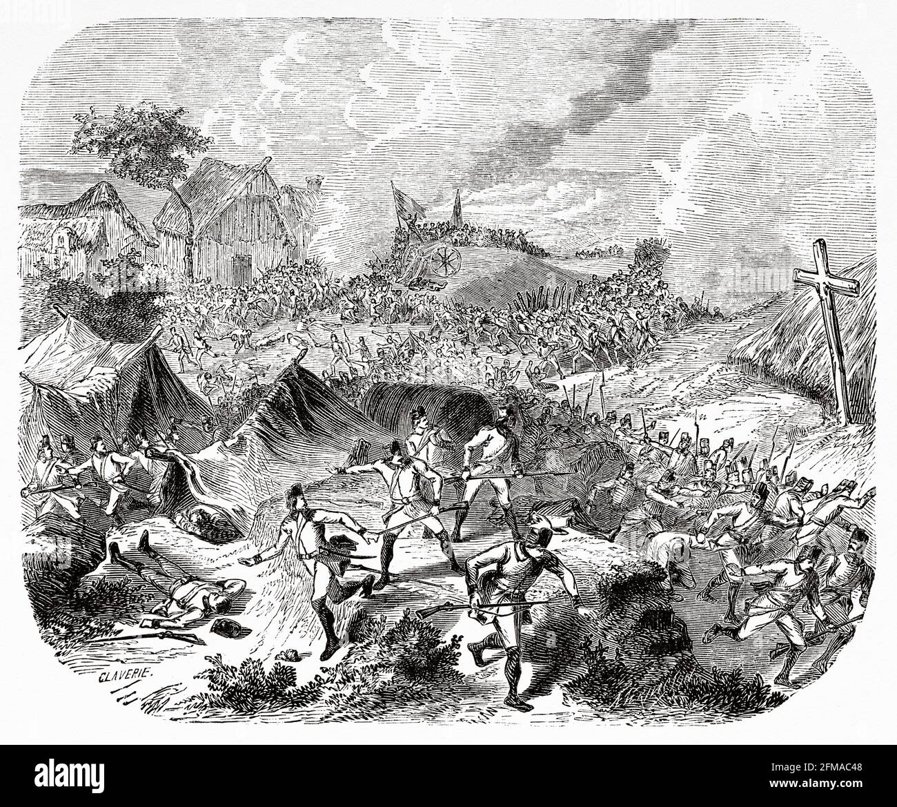 The Battle of Wattignies (15–16 October 1793) the Republican French army commanded by Jean-Baptiste Jourdan attack a Coalition army directed by Prince Josias of Saxe-Coburg-Saalfeld. France. Old 19th century engraved illustration from Histoire de la Revolution Francaise 1876 by Jules Michelet (1798-1874) Stock Photo