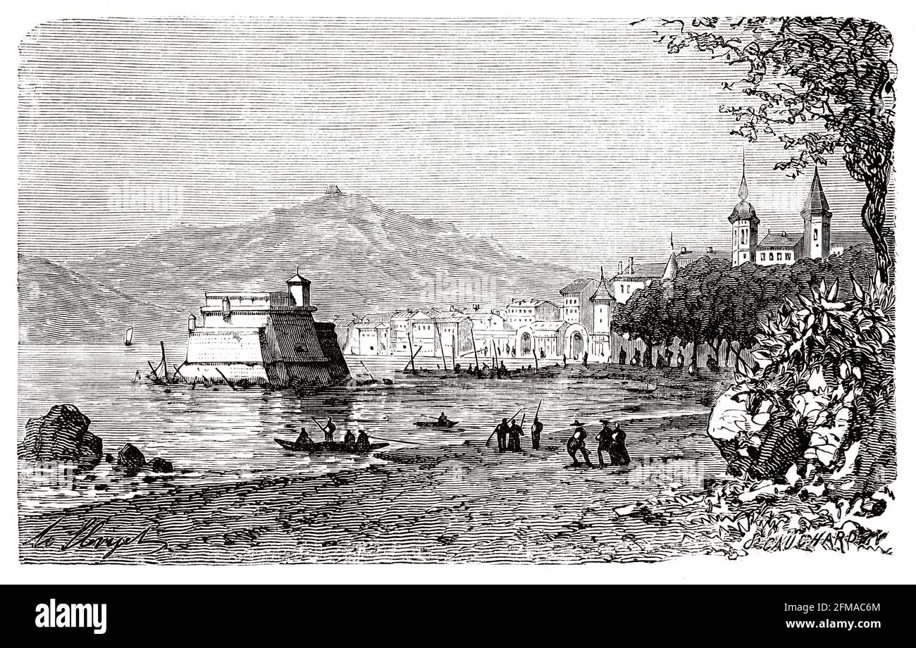 Panoramic overview of the city of Toulon, Var. France. Old 19th century engraved illustration from Histoire de la Revolution Francaise 1876 by Jules Michelet (1798-1874) Stock Photo