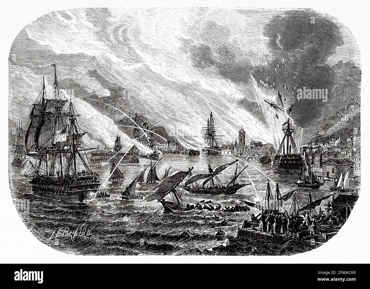 Siege of Toulon. Revolt of the port of Toulon against its own country France in 1793. Combined fleets of Spain and Great Britain invade the south of France through the port of Toulon. France. Old 19th century engraved illustration from Histoire de la Revolution Francaise 1876 by Jules Michelet (1798-1874) Stock Photo