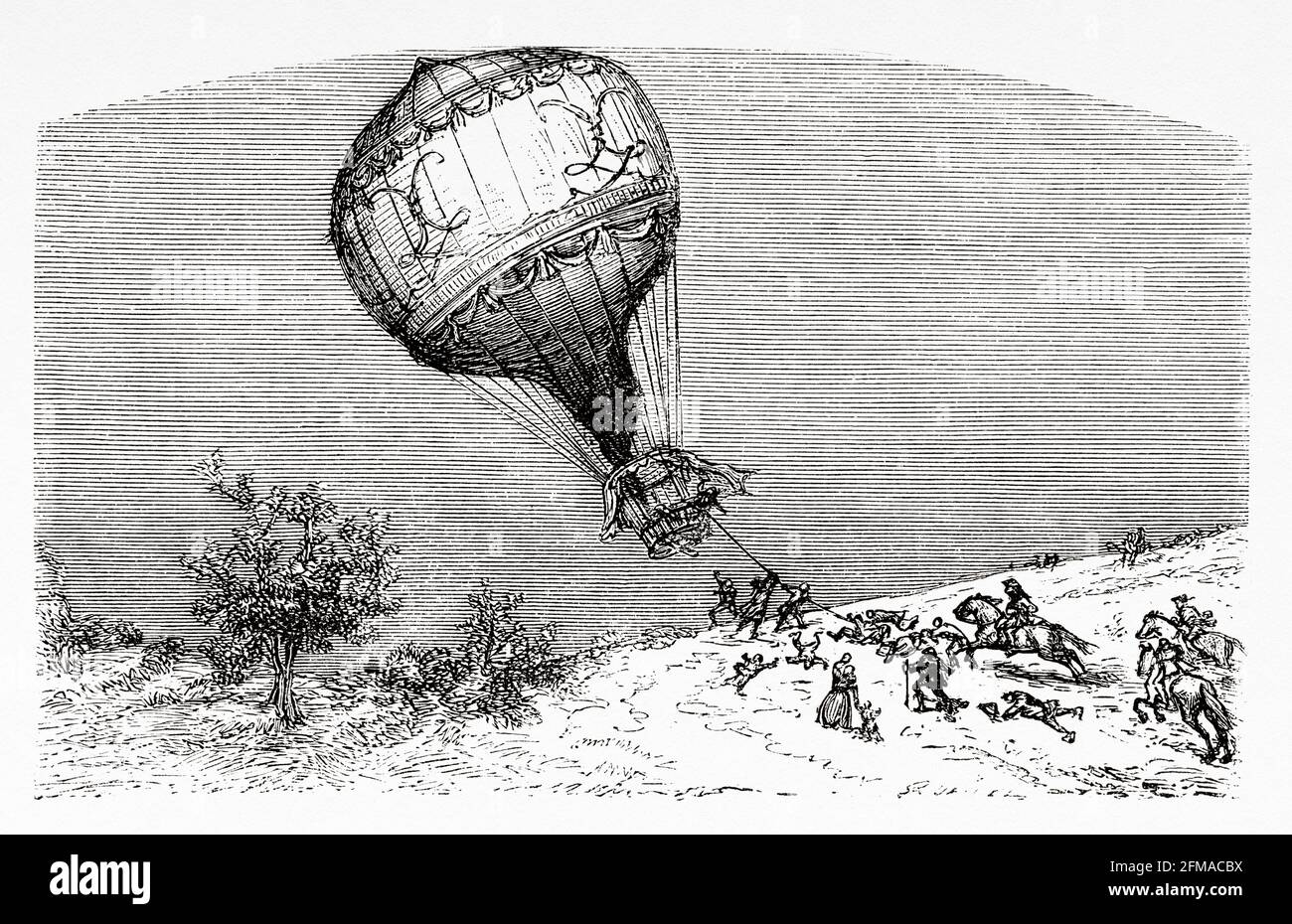 Battle of Fleurus June 26, 1794. French Revolutionary Wars. French defeat of the Austrians, and their allies. The first use of a hot air balloon for aerial observation during a battle. France. Old 19th century engraved illustration from Histoire de la Revolution Francaise 1876 by Jules Michelet (1798-1874) Stock Photo