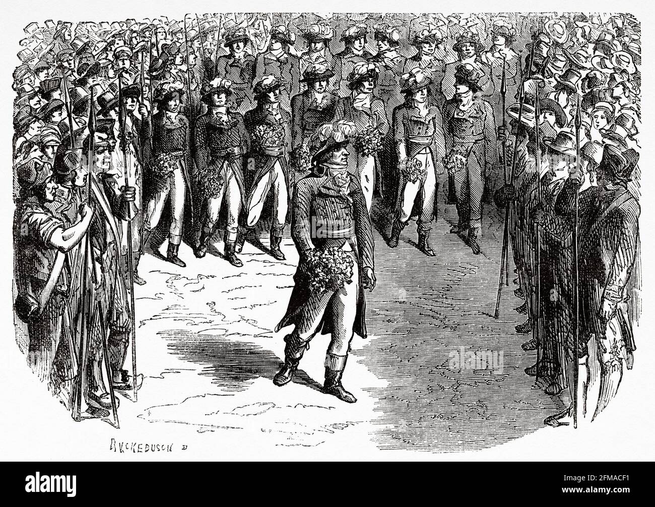 Maximilian de Robespierre (1758-1794) president of the convention, walked ahead by Field of Mars, Paris. France. Old 19th century engraved illustration from Histoire de la Revolution Francaise 1876 by Jules Michelet (1798-1874) Stock Photo