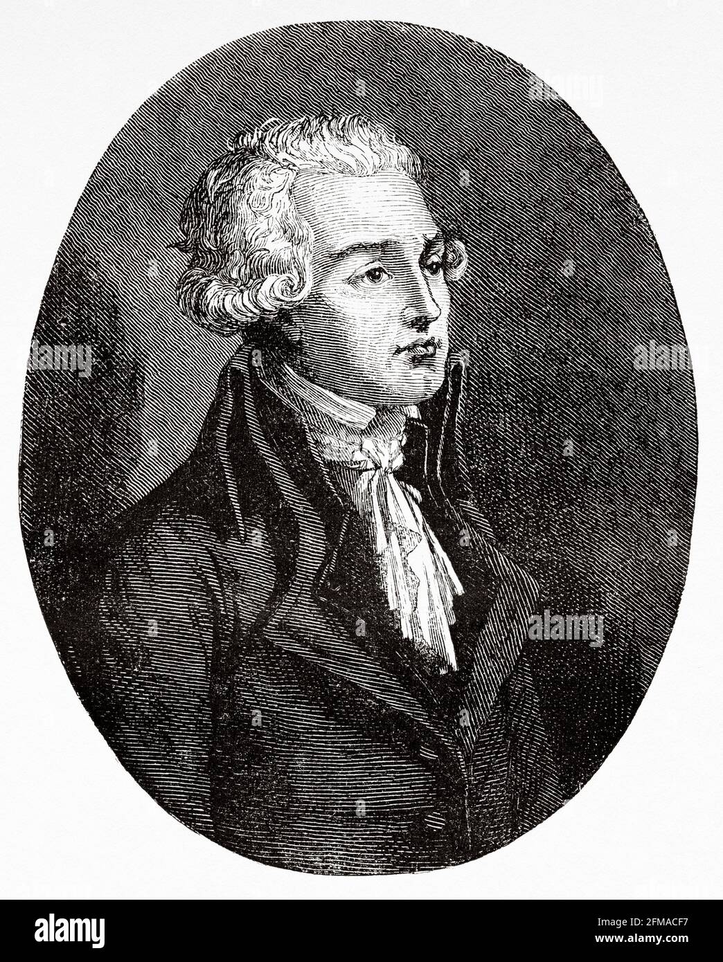 Portrait of young Robespierre. Maximilien Robespierre (1758-1794) Jacobin leader during French Revolution. France. Old 19th century engraved illustration from Histoire de la Revolution Francaise 1876 by Jules Michelet (1798-1874) Stock Photo