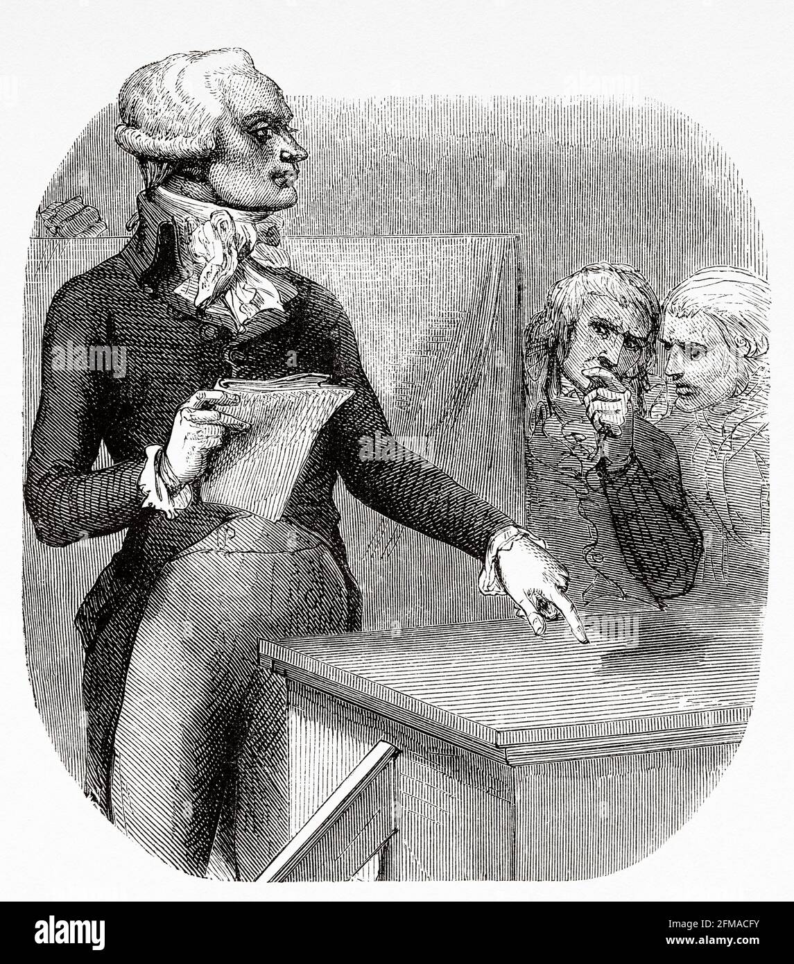 Portrait of Maximilian de Robespierre (1758-1794) in the rostrum on 8 Thermidor. France. Old 19th century engraved illustration from Histoire de la Revolution Francaise 1876 by Jules Michelet (1798-1874) Stock Photo