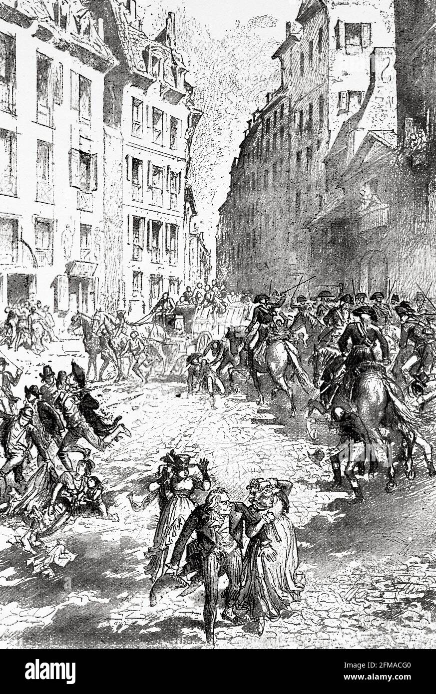 Francois Henriot (1761-1794) dispersed the crowd with sabers, Paris. France. Old 19th century engraved illustration from Histoire de la Revolution Francaise 1876 by Jules Michelet (1798-1874) Stock Photo