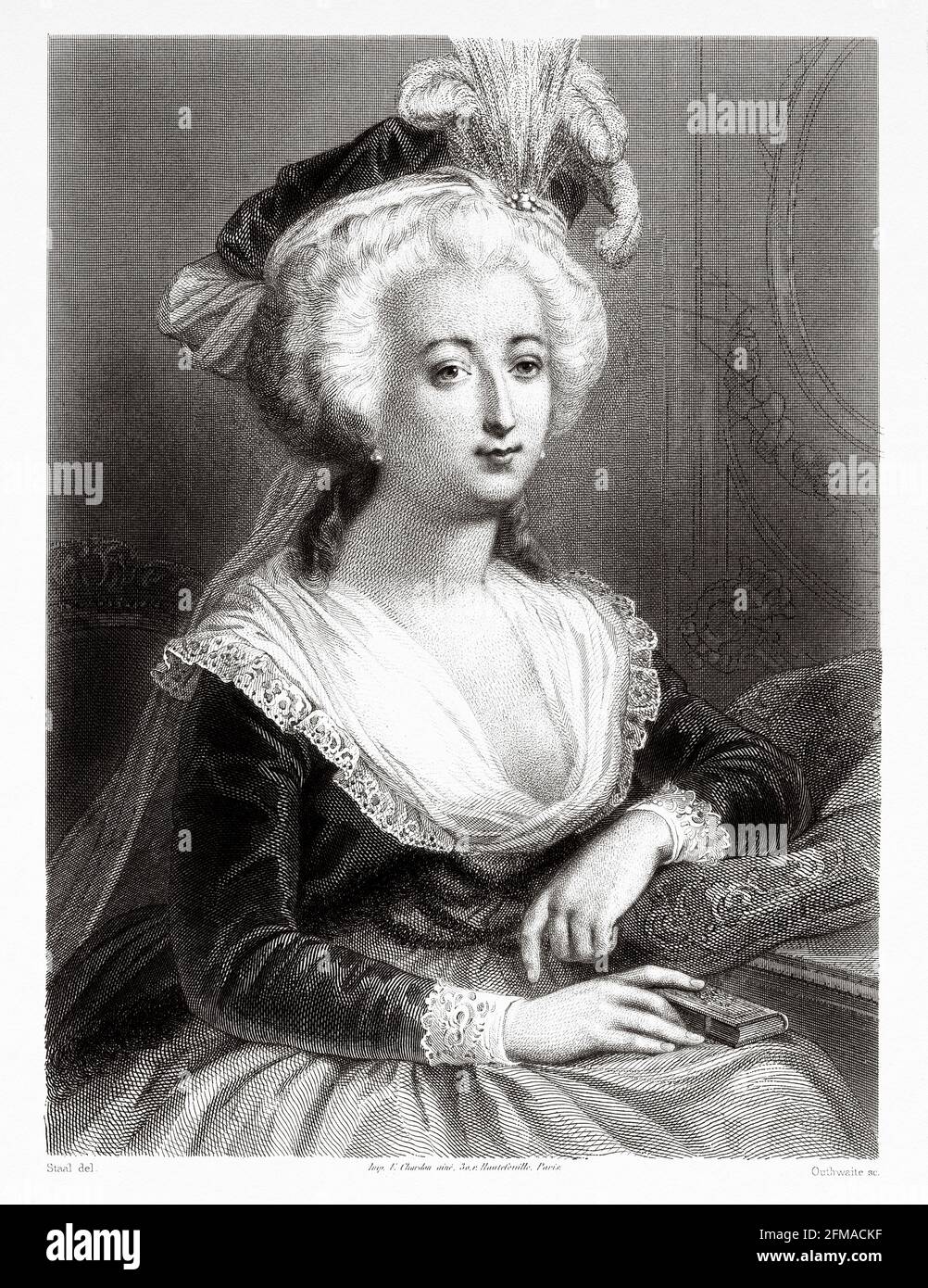 Portrait of Marie Antoinette. Maria Antonia Josepha Johanna (1755-1793) was the last queen of France before the French Revolution. During the Revolution, she became known as Madame Déficit because the country's financial crisis was blamed on her lavish spending and her opposition to the social and financial reforms of Turgot and Necker. France. Old 19th century engraved illustration from Galerie de Femmes Celebres by M. Sainte-Beuve 1864 Stock Photo