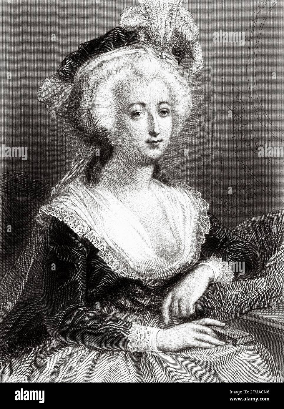 Portrait of Marie Antoinette. Maria Antonia Josepha Johanna (1755-1793) was the last queen of France before the French Revolution. During the Revolution, she became known as Madame Déficit because the country's financial crisis was blamed on her lavish spending and her opposition to the social and financial reforms of Turgot and Necker. France. Old 19th century engraved illustration from Galerie de Femmes Celebres by M. Sainte-Beuve 1864 Stock Photo
