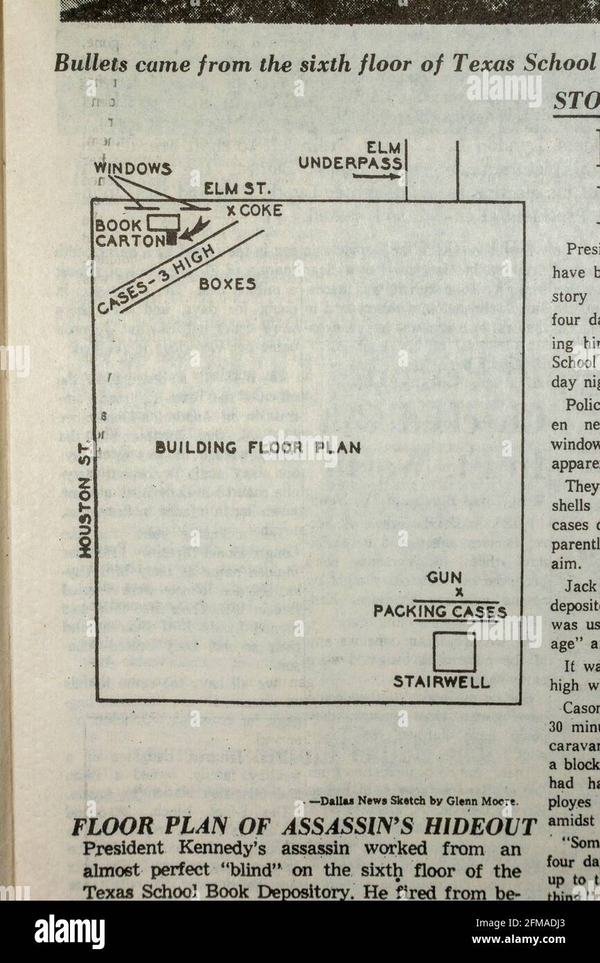 Articles and floor plan of Book Depository, Dallas Morning News (replica copy), 23rd November 1963 following the assassination of John F Kennedy. Stock Photo