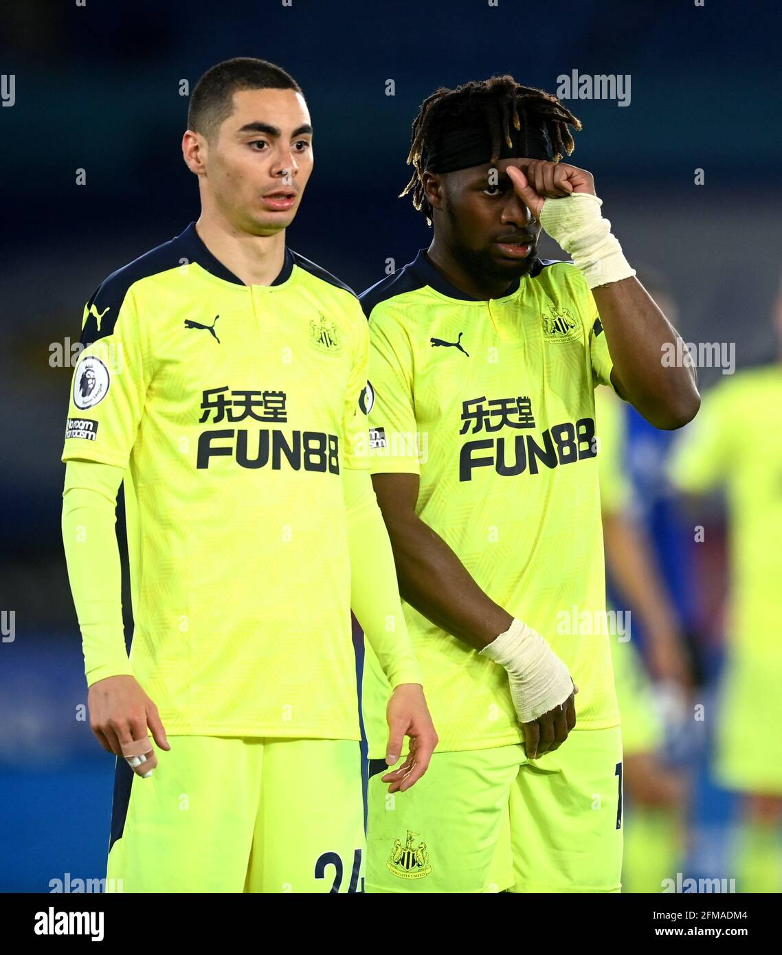Newcastle United's Miguel Almiron (left) and Allan Saint-Maximin during the Premier League match at the King Power Stadium, Leicester. Picture date: Friday May 7, 2021. Stock Photo