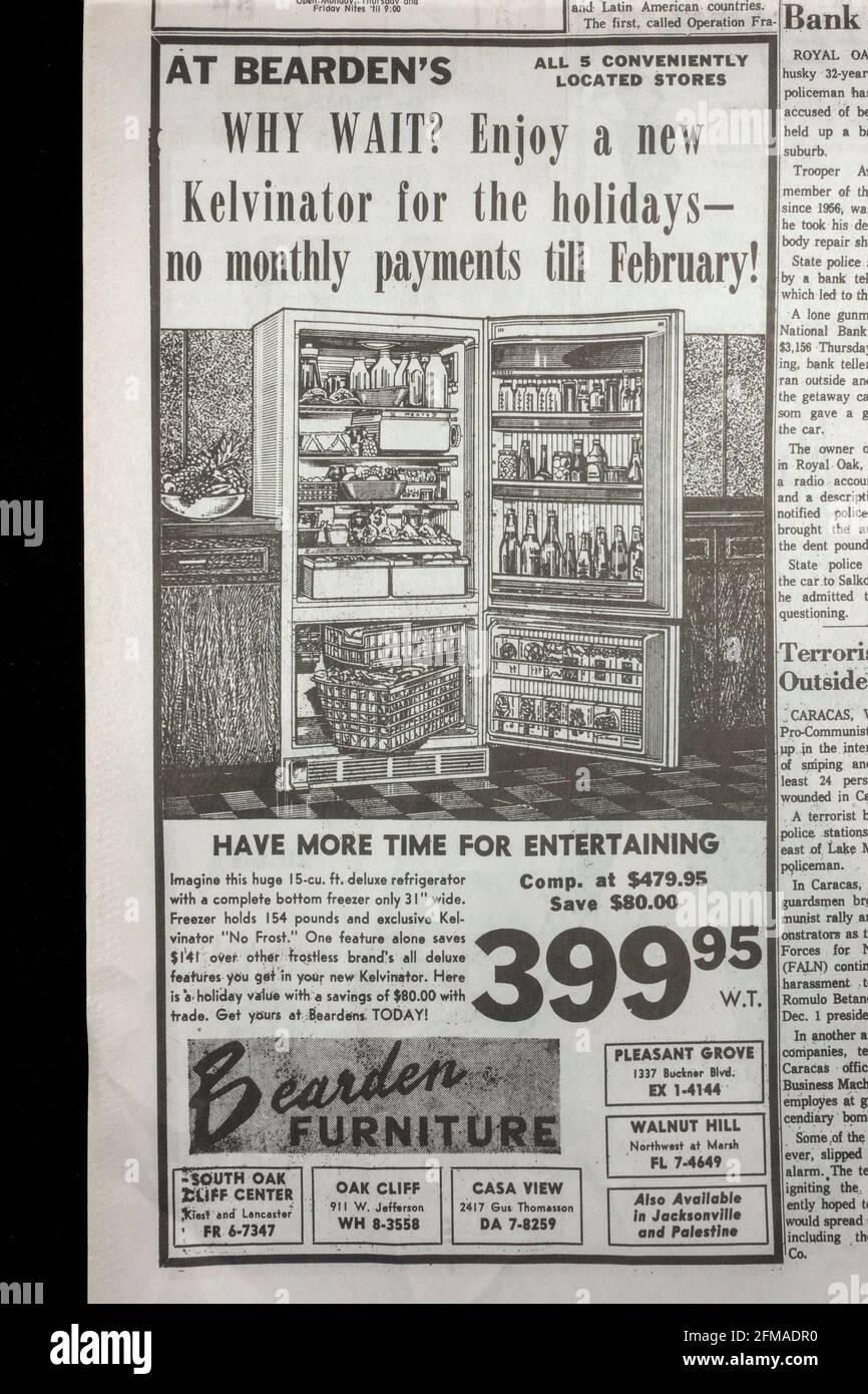 Advert for Kelvinator refrigerators at Bearden Furniture in the Dallas Morning News (replica copy) on 23rd November 1963 (day after the death of JFK). Stock Photo