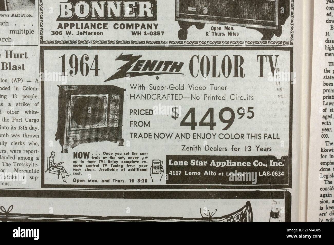 Advert for Zenith televisions from Lone Star Appliances in the Dallas Morning News (replica copy) on 23rd November 1963 (day after the death of JFK). Stock Photo