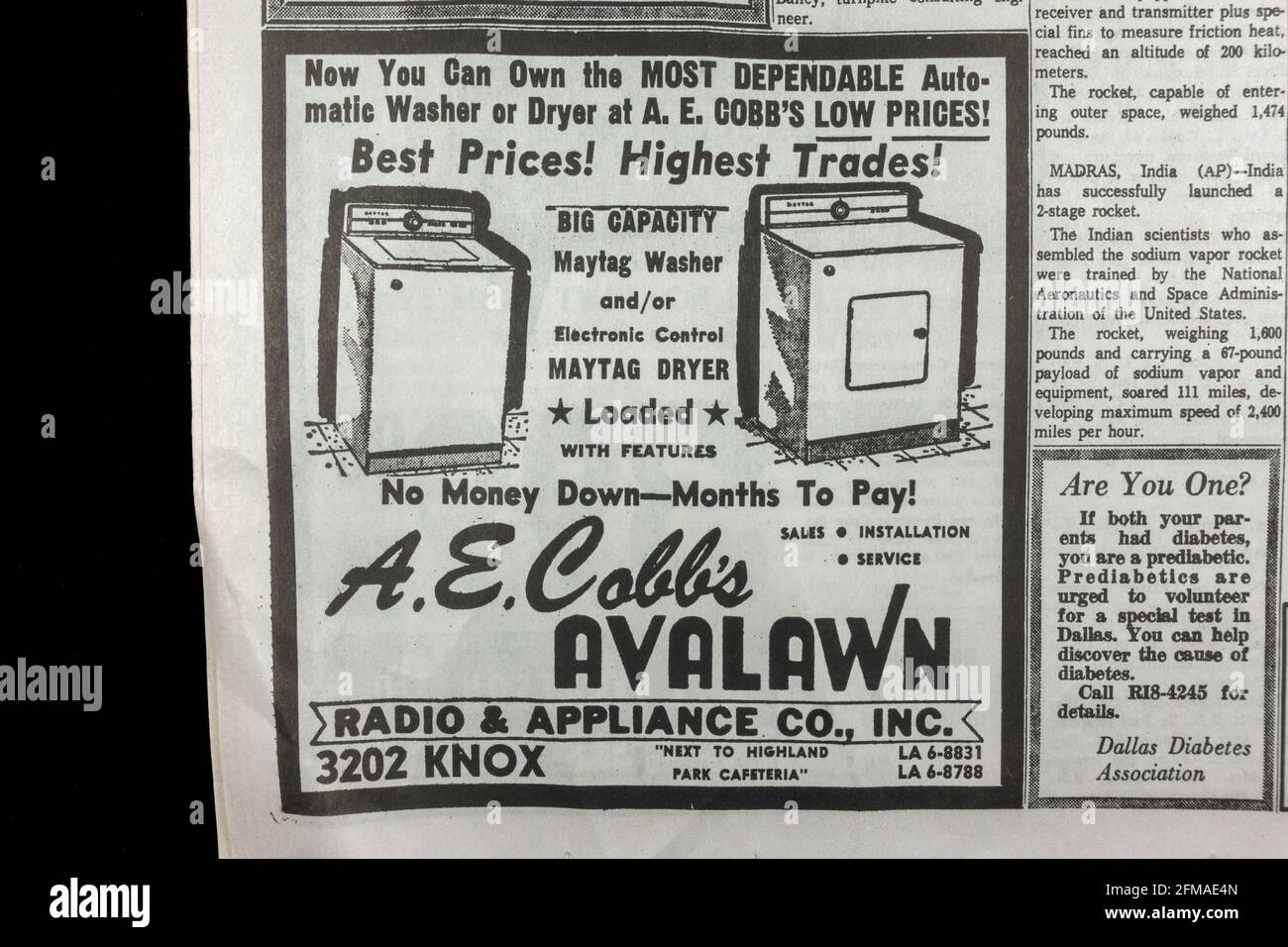 Advert for automatic washing and drying machines in the Dallas Morning News (replica copy) on 23rd November 1963 (day after the death of JFK). Stock Photo