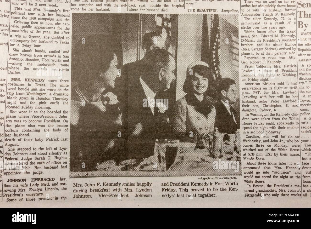 Jackie Kennedy articles inside of the Dallas Morning News (replica copy), 23rd November 1963 following the assassination of John F Kennedy. Stock Photo