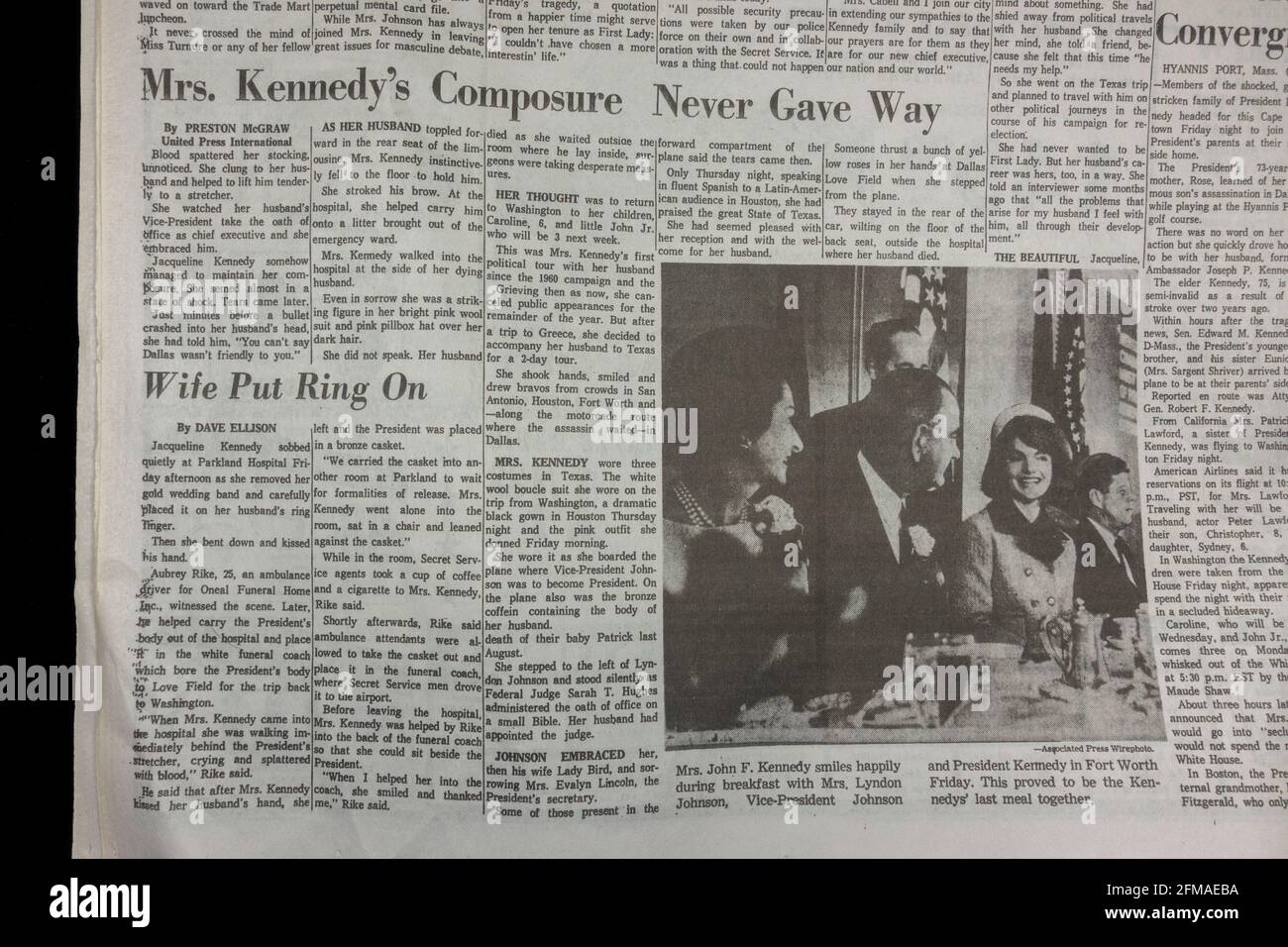 Jackie Kennedy articles inside of the Dallas Morning News (replica copy), 23rd November 1963 following the assassination of John F Kennedy. Stock Photo