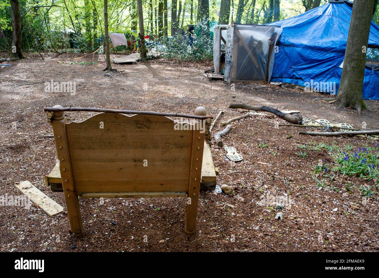 Aylesbury Vale, Buckinghamshire, UK. 7th May, 2021. The protest camp at Jones Hill Wood where HS2 are slowly destroying most of the wood. Jones Hill Wood is said to have inspired local author Roald Dahl to write the popular children's novel, The Fantastic Mr Fox. The High Speed Rail 2 from London to Birmingham is carving a huge scar across the Chilterns. Credit: Maureen McLean/Alamy Stock Photo
