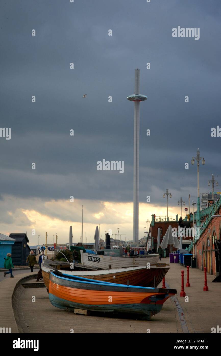 Boats on the lower esplanade, Brighton, beside the Fisherman museum. Brighton, Sussex, England. Stock Photo
