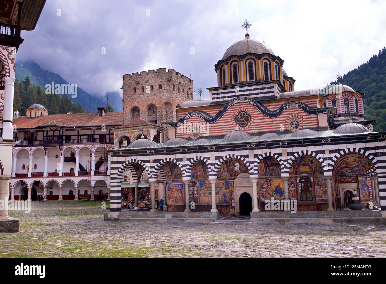 The main chhurch, Rila Monastery (Bulgarian: Рилски манастир, Rilski manastir), also known as the Monastery of Saint Ivan of Rila. Eastern Orthodox monastery, Rila mountains, Bulgaria Stock Photo