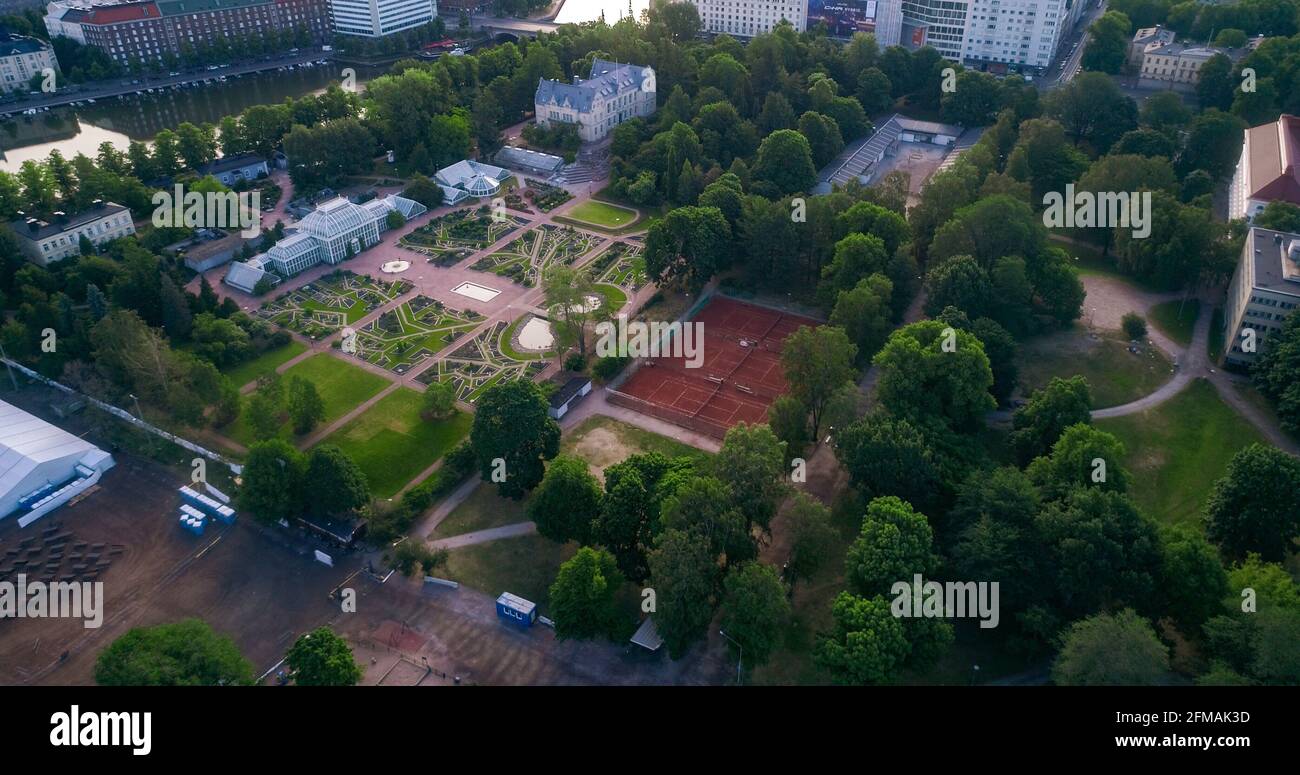 VHELSINKI, FINLAND - Jun 15, 2018: Aerial drone view of the Kaisaniemi botanic garden and park, sunny summer morning sunrise, in Helsinki, Finland Stock Photo