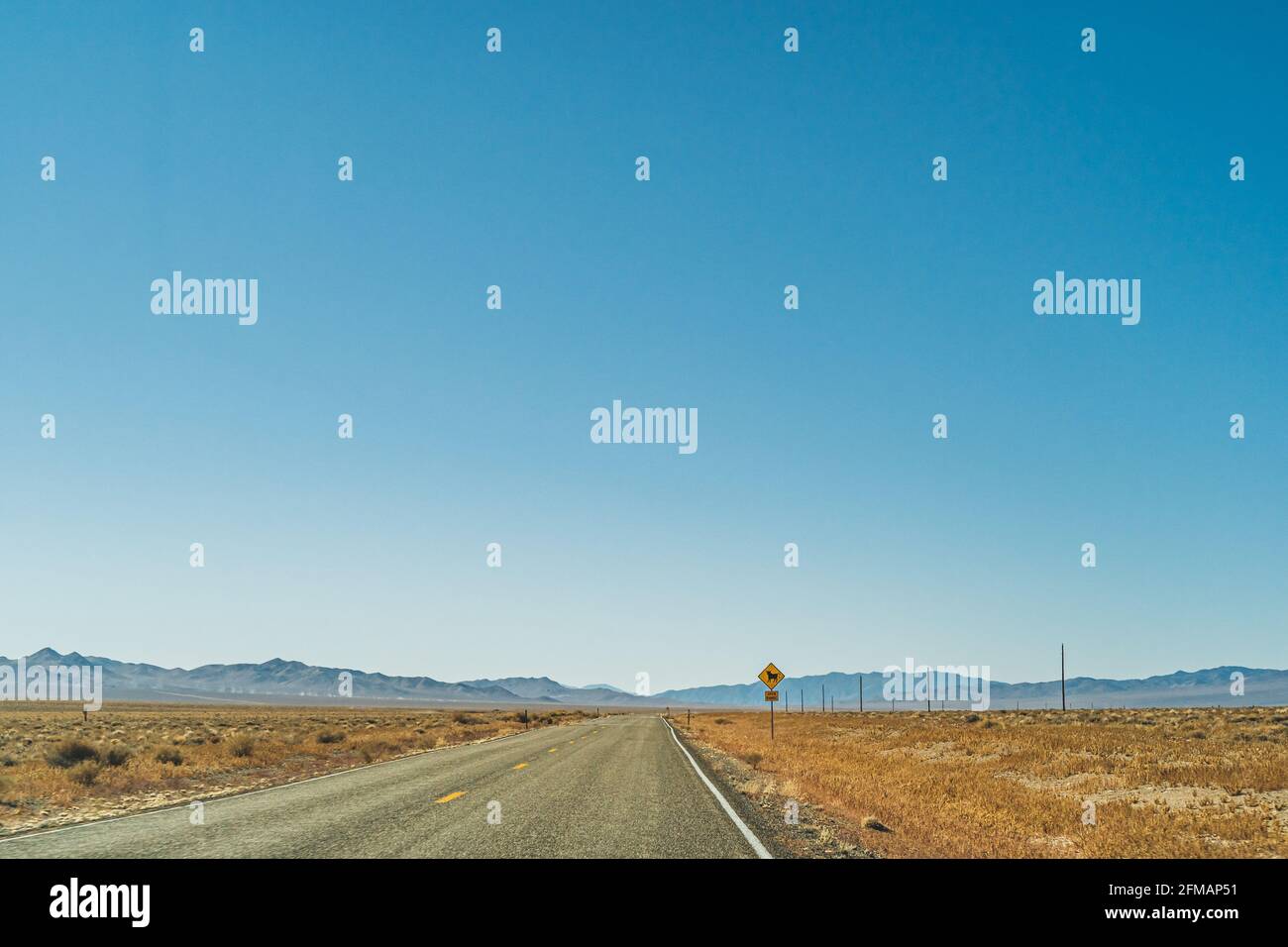 Desert highway road leading to the horizon against clear blue sky and ...