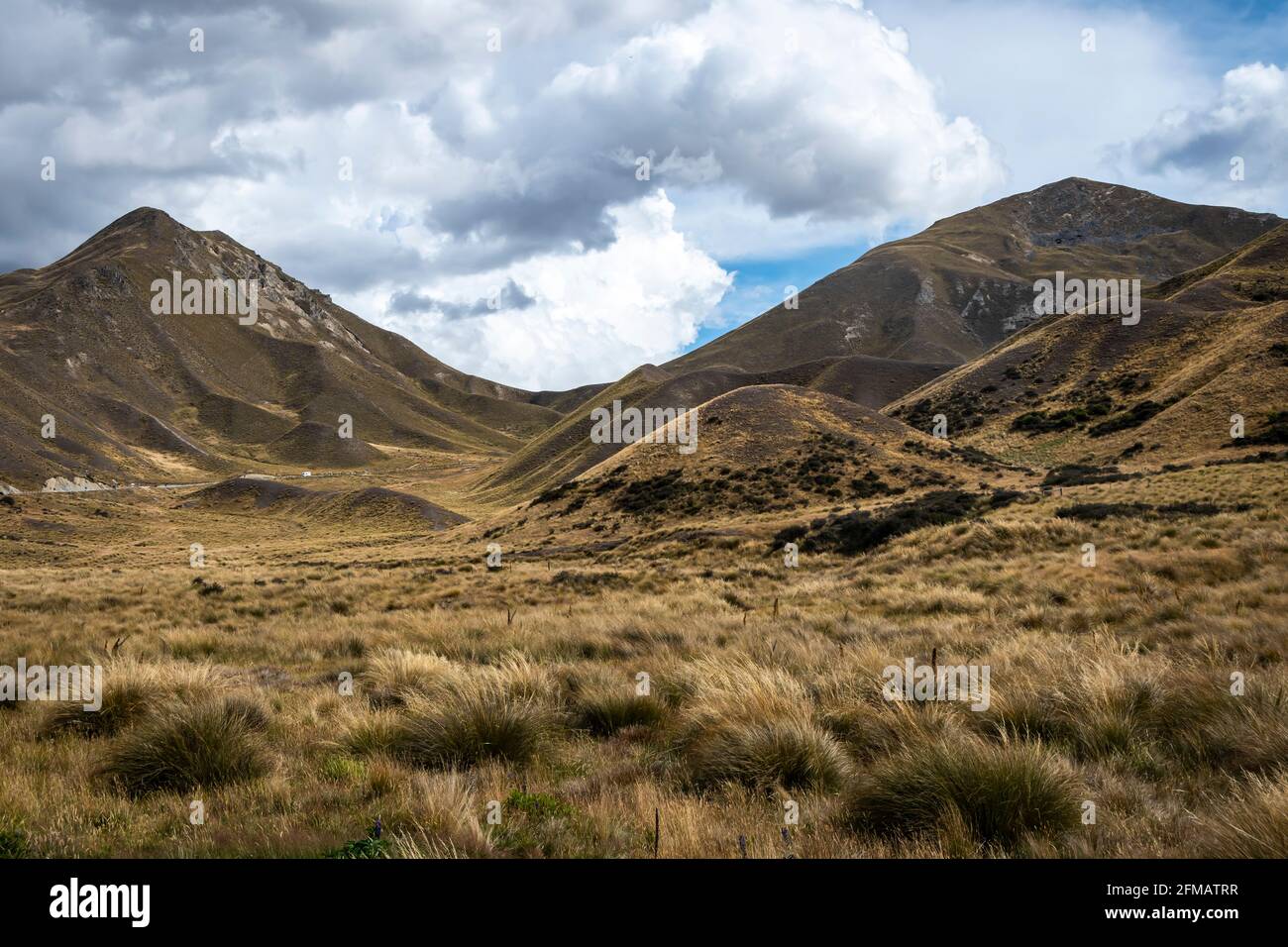 Mountains and tussock, Lindis Pass, near Omarama, Canterbury, South Island, New Zealand Stock Photo