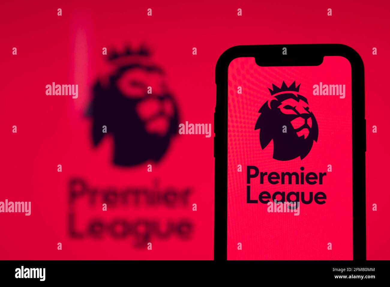 LONDON, UK - May 2021: Premier league football logo on a smartphone screen Stock Photo