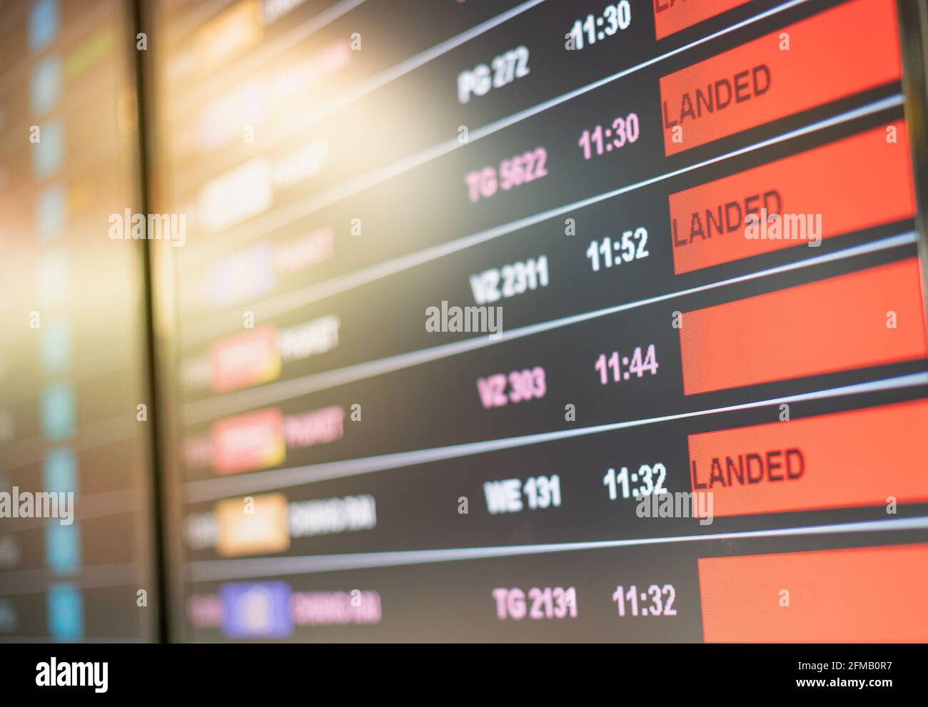 Airport flight information board or display and on time status. Different cities and destinations from all over the world. Stock Photo