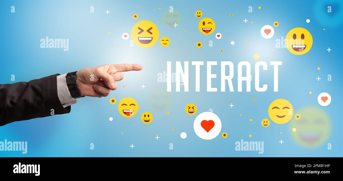 Close-Up of cropped hand pointing at social media concept Stock Photo